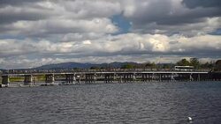 Togetsukyo Bridge across the Oi River in Arashiyama Stock Footage