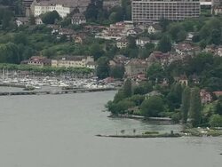 MS AERIAL Shot of houses on lake Geneva near Thonon Les Bains / Rhone Alpes, France Stock Footage