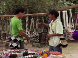 MS TS Traveler stopping to buy local craft / Tyrona N. Park, Magdalena, Colombia  Stock Footage