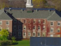 WS ARIEAL ZI ZO View of Story mansion in city  / Maine, United States Stock Footage