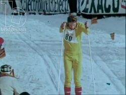 Norwegian competitive skier wins the 50km cross-country ski race, 1970s Stock Footage