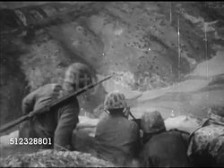 1952: KOREAN WAR: VS Explosion on hill, various United States Marines firing rifles from defensive positions (DFP, foxhole, fighting hole), firing from positions on hillside. Korean Conflict, Communism Instructional Video