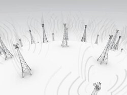 camera flies over cell towers that emit waves on a globe Stock Footage