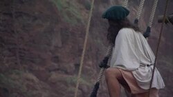 Christopher Columbus' crew looks ashore as they approach land. Stock Footage