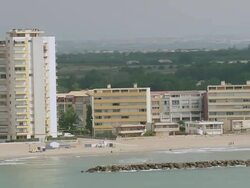 MS AERIAL TS Shot of building at Valras-Plage city / Languedoc Roussillon, France Stock Footage