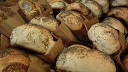 At the bakery. Rows of fresh, puffy challah Stock Footage