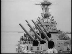 B/W 1945 wide shot guns of military ship U.S.S. Missouri in Tokyo Bay at surrender of Japan / WW II / news. Stock Footage