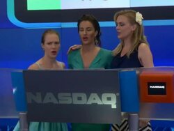 Erin Cummings, America Olivo & Elaine Hendrix pose for the press at NASDAQ, where they would ring the opening bell in New York, NY, on 8/14/13. (Getty Images Entertainment Video) Stock Footage