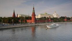 Kremlin churches and towers from Moscow River Bridge, Moscow, Russia, Europe Stock Footage