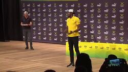 Rio Olympics: Team Jamaica Presser - Usain Bolt with trademark pointing pose News Clip