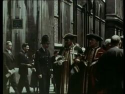 This is London Archive: Procession of members of the Guilds of London in the City, one man carrying a posy to ward off the plague., London, United Kingdom. 1958. Stock Footage