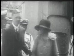B/W 1927 Charles Lindbergh + mother disembarking from ship Stock Footage