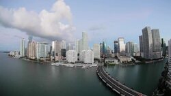 View from Brickell Key, a small island covered in apartment towers, towards the Miami skyline, Miami, Florida, USA Stock Footage