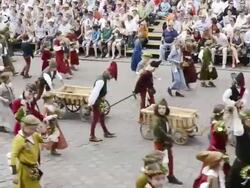 MS Shot of Children at Medieval party showing marriage of 1475 with medieval clothing, Landshuter Hochzeit 1475 / Landshut, Bavaria, Germany Stock Footage