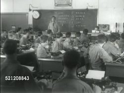 MOT 1939: OHIO: WRIGHT FIELD: MS Recruitment poster Â“Be a Mechanic, in the US Army Air CorpsÂ” on wall, HA Angled WS Recruits marching by tents w/ airfield, planes & hangar BG. WS Enlisted men in class w/ instructor & Morse Code on blackboard Instructional Video