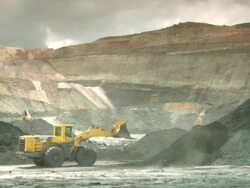WS Shot of power shovels working in mine / Andorra, Teruel, Spain Stock Footage