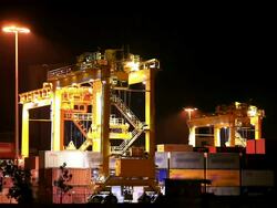 Industrial Crane car loading goods container in warehouse Port Stock Footage