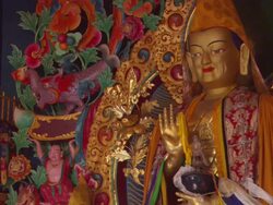 MS  View of Gold Buddhist statue sitting in monastery  AUDIO / Kathmandu, Central Region, Nepal  Stock Footage