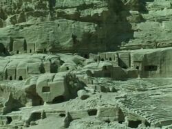 Petra archaeological site and amphitheatre, pan, Jordan Stock Footage