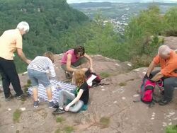WS Hiker at altfels rock / Kastel-Staadt, Rhineland-Palatinate, Germany                            Stock Footage