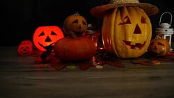 Halloween pumpkin head jack lantern on wooden background Stock Footage