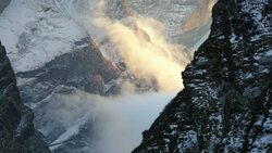 Mist moving up the Modi Khola valley in the Annapurna Sanctuary, in the Nepal Himalayas Stock Footage