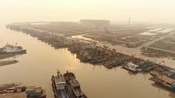 Aerial View of Fishing Boats in China Stock Footage