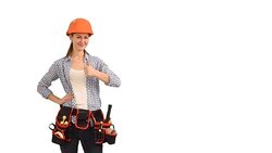 beautiful young girl builder shows a copy space Stock Footage