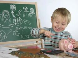 toddler and piggy bank Stock Footage