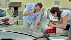 MS PAN Drivers Documenting A Car Accident Stock Footage