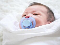 cute asian baby with pacifier Stock Footage