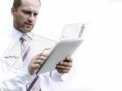 Man works with futuristic touch screen. Stock Footage