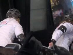 Lara Spencer & Ginger Zee (GMAâ€™s weather anchor) roller blading into Josh Elliottâ€™s arms on the outside set of the Good Morning America show Stock Footage