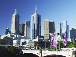 Skyline of CBD East Melbourne with Tram passing on Princess Bridge, Melbourne, Victoria, Australia Stock Footage