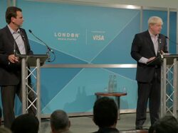 Boris Johnson joins the Mayor of Rio Eduardo Paes as London prepares to hand over the Olympic Flag Stock Footage