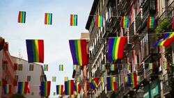 Rainbow Flag Gay Rights Pride in Madrid, Spain Stock Footage