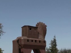 Troy, the modern interpretation of the Trojan horse in the archaeological site of Troy Stock Footage