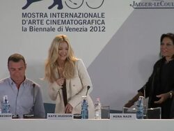 Lydia Dean Pilcher, Liev Schreiber, Kate Hudson, Mira Nair, Riz Ahmed, Mohsin Hamid at Press Conference Arrivals: The Reluctant Fundamentalist: 69th Venice Film Festival on August 29, 2012 in Venice, Italy (Footage by WireImage Video/Getty Images) Stock Footage