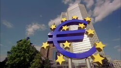 Clouds drift over the Eurotower and Euro Monument in Frankfurt, Germany. Stock Footage