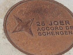 CU Sewer cover with europeean logo ,Schengen, Moselle Valley / Schengen, Moselle, Luxembourg  Stock Footage