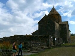 WS People being in at Sevanavank monastic complex / Armenia Stock Footage