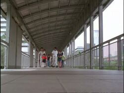 Low angle view of pedestrians walking to camera along overpass at Makati Commercial Centre, Manila, Philippines Stock Footage