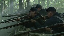 Union riflemen fire from the cover of interlaced branches during the Civil War. Stock Footage