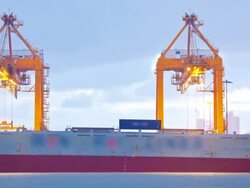 Ship Port Goods Trading at Dusk with raining Time Lapse Stock Footage