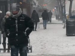 WS People walking on sidewalk during winter / New York City, New York, USA  Stock Footage