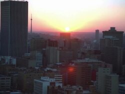 Aerial of Johannesburg Central Business District at sunset/sunrise Stock Footage