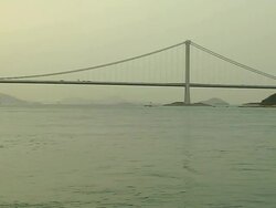 Pan Left Shot Tsing Ma Bridge Hong Kong Kwangtung China Stock Footage