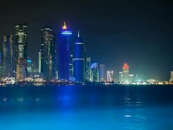 Qatar, Middle East, Arabian Peninsula, Doha, new skyline of the West Bay central financial district of Doha Stock Footage