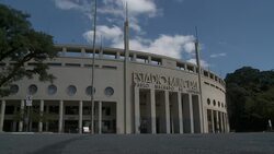 An engraved sign is above the entrance of the Estadio Municipal in Sao Paulo, Brazil. Stock Footage