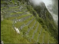 Machu Picchu, pan right from terrace to river, MS, Peru Stock Footage
